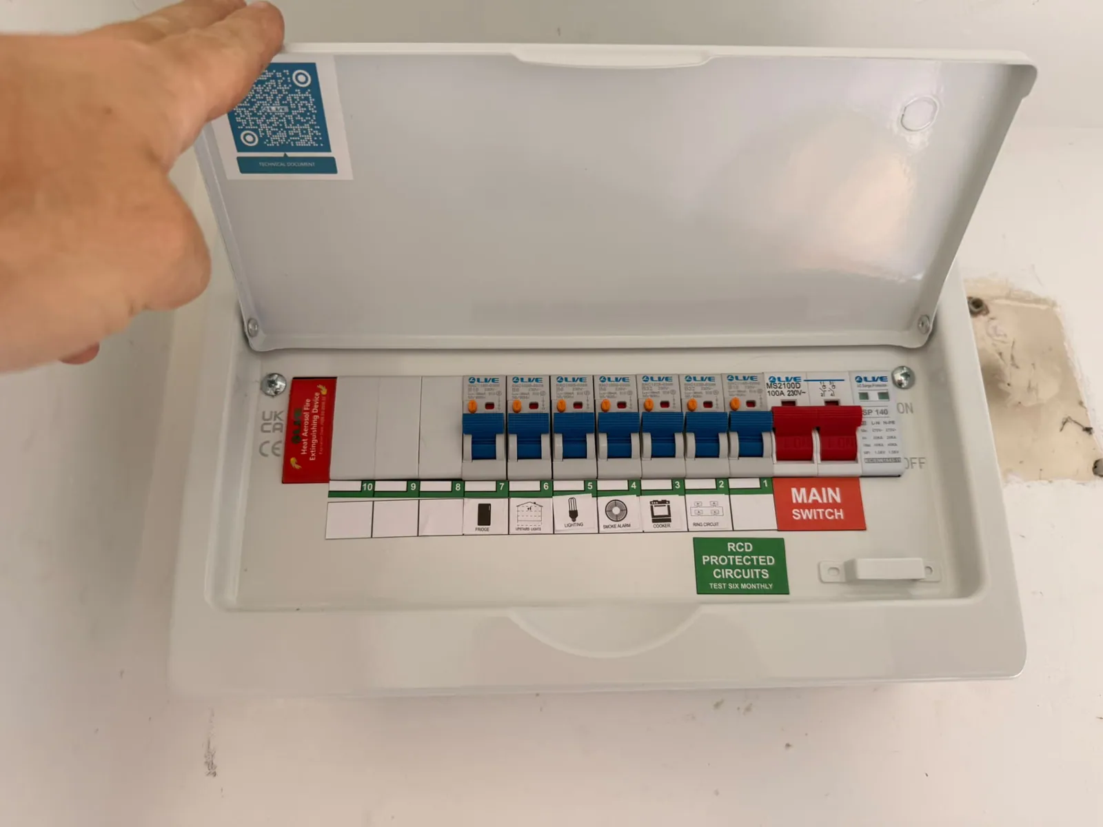 Labelled consumer unit with main switch and RCD protected circuits