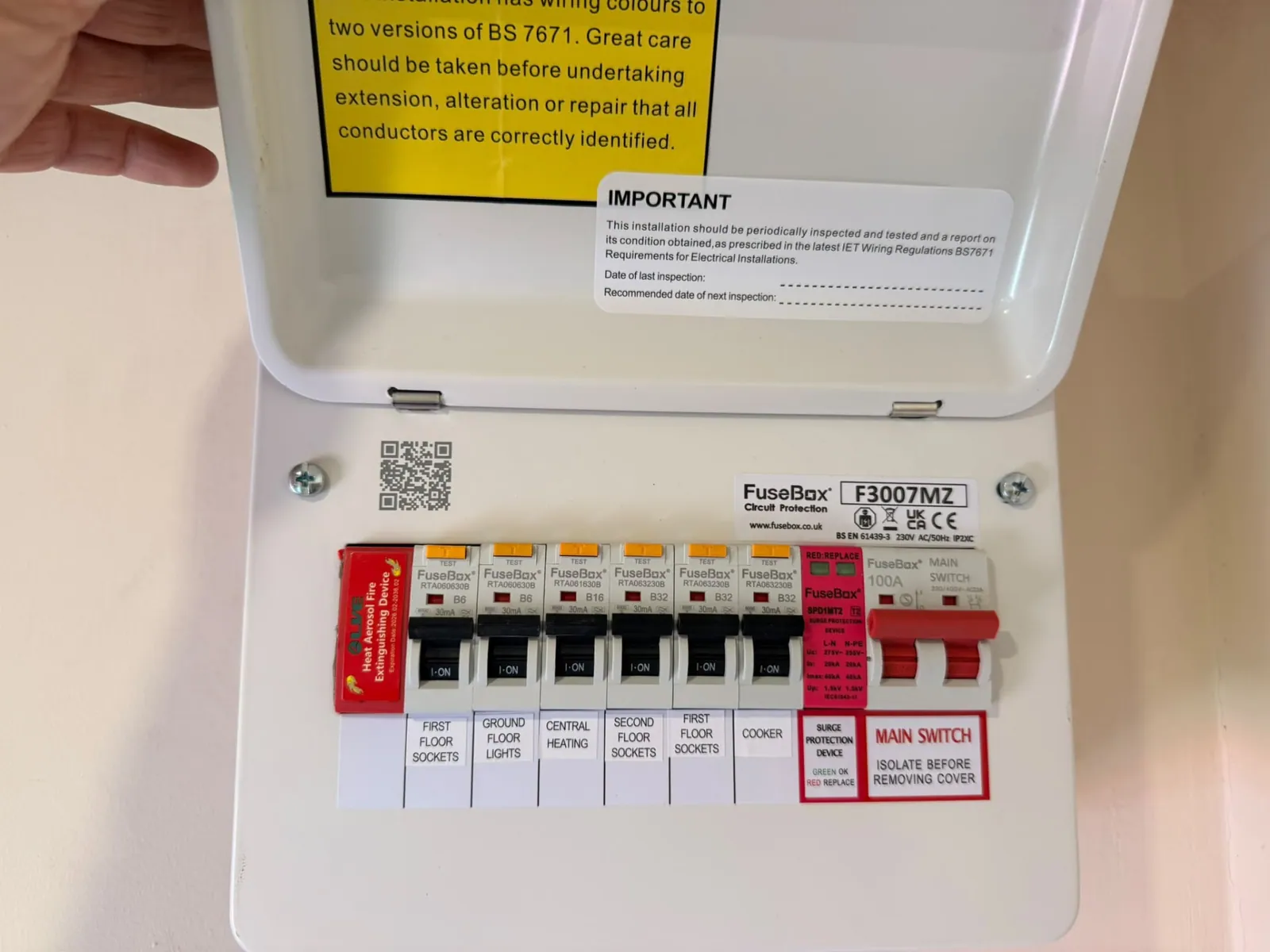 Close-up of labelled breakers in an upgraded consumer unit
