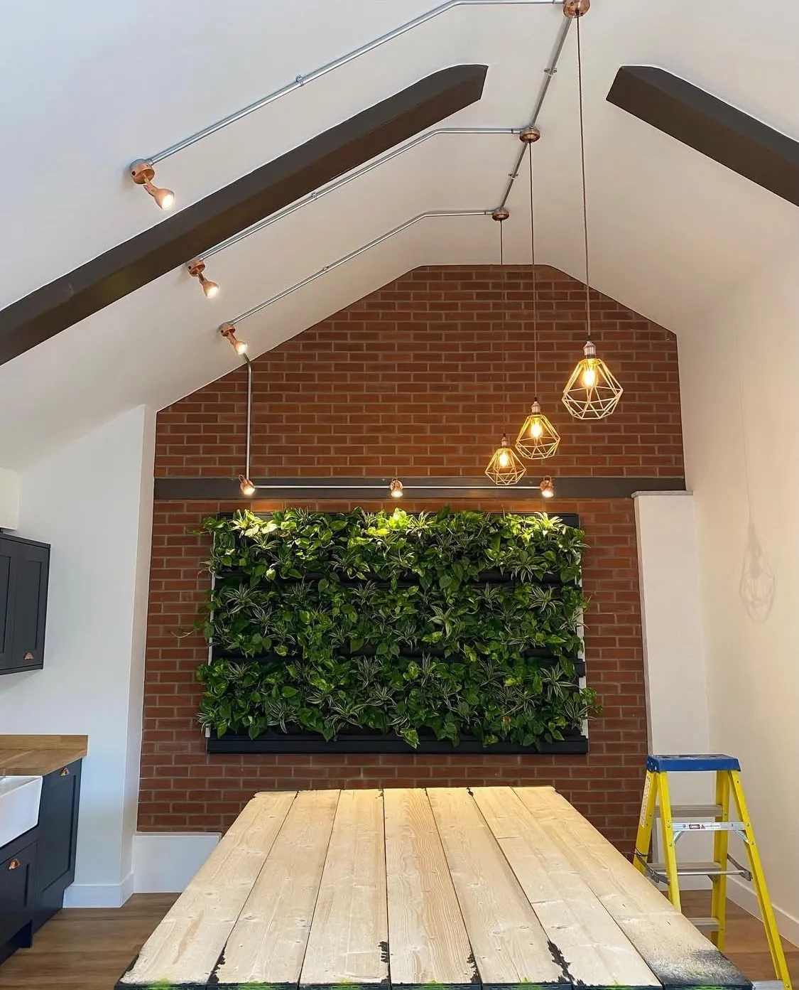 Pendant feature lighting in a vaulted dining room
