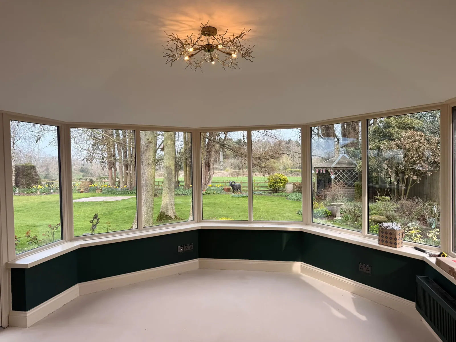 Finished conservatory electrics with ceiling light and sockets