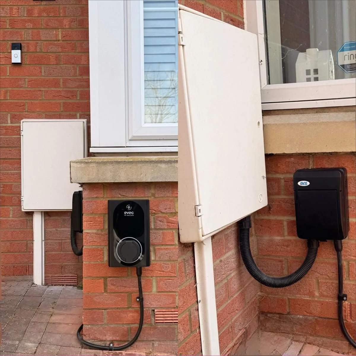 Two EV charger installations beside a front door