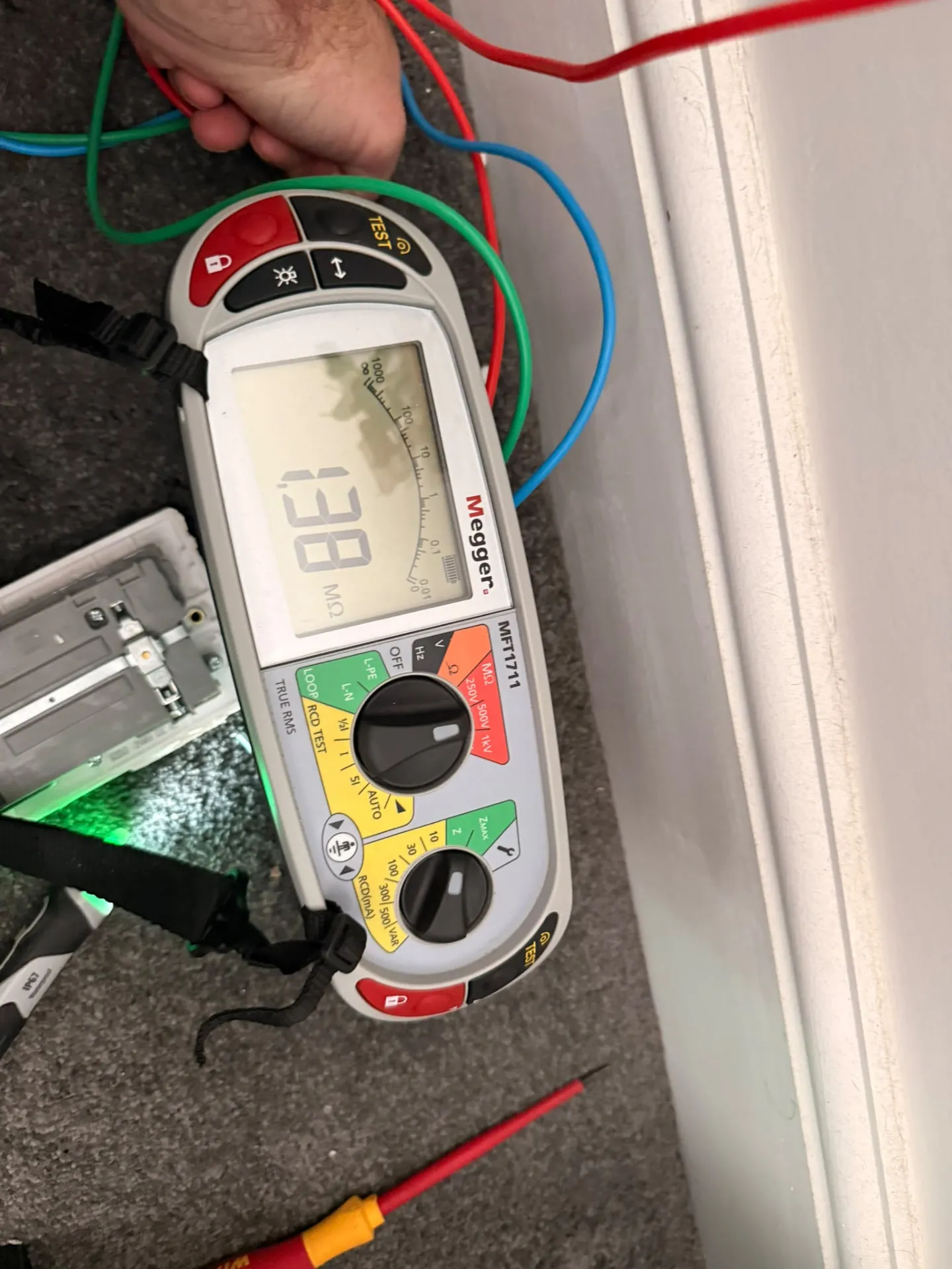 Megger test meter reading during electrical inspection and testing