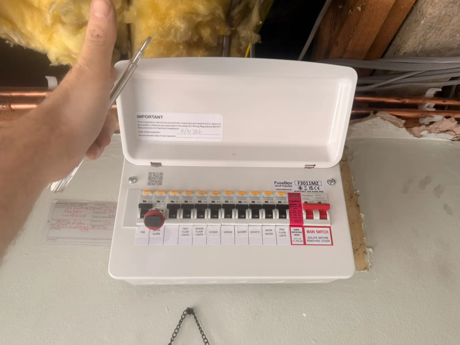 Open consumer unit with labelled circuits after upgrade