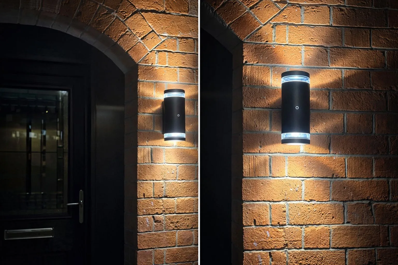 Outdoor up-and-down wall lights installed beside a front door