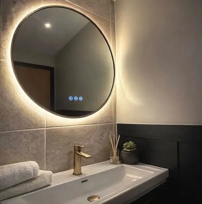 Illuminated LED bathroom mirror wired above a sink